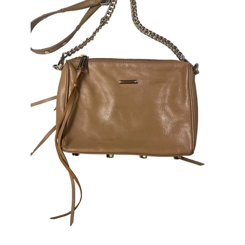 Rebecca Minkoff Zipper Tan Leather Crossbody Shoulder Bag Purse Chain Strap  - Picture 6 of 10